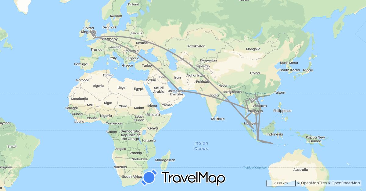TravelMap itinerary: driving, bus, plane in United Arab Emirates, China, United Kingdom, Indonesia, India, Cambodia, Laos, Malaysia, Singapore, Thailand, Vietnam (Asia, Europe)
